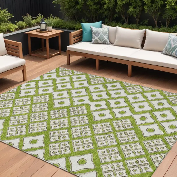 10' X 14' Lime Green And Ivory Geometric Washable Indoor Outdoor Area Rug