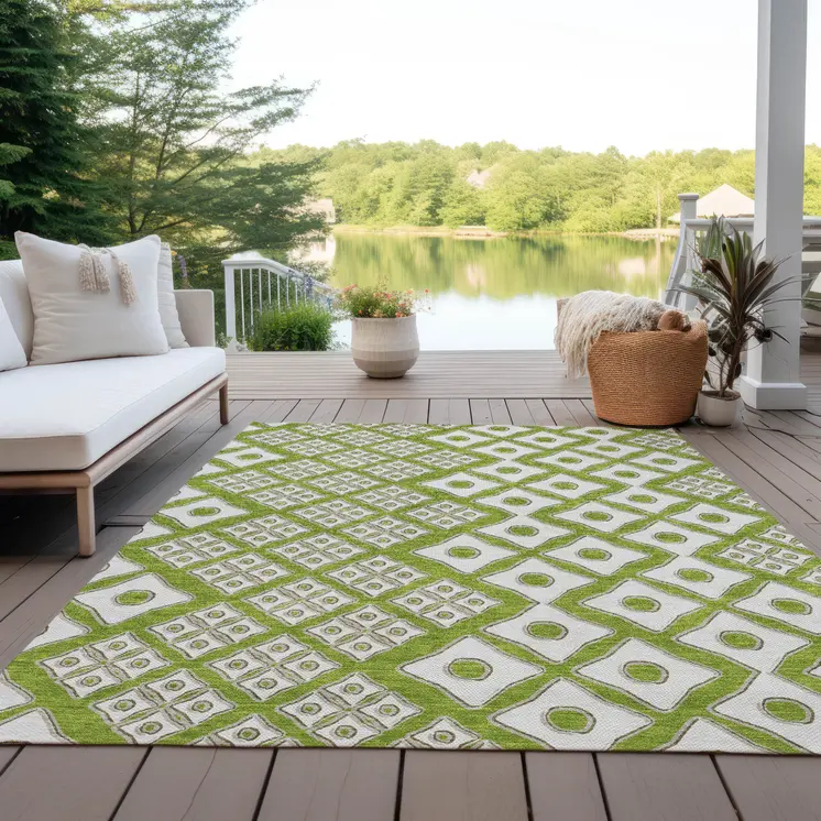 10' X 14' Lime Green And Ivory Geometric Washable Indoor Outdoor Area Rug