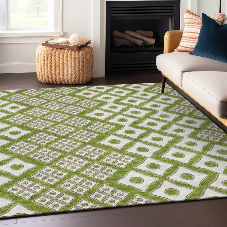 10' X 14' Lime Green And Ivory Geometric Washable Indoor Outdoor Area Rug