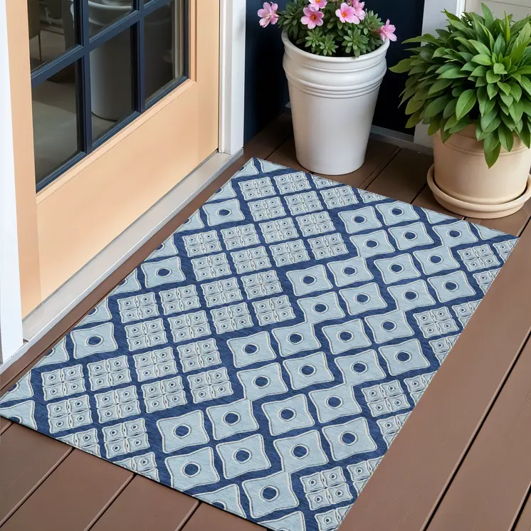 3' X 5' Navy Blue And Light Blue Geometric Washable Indoor Outdoor Area Rug