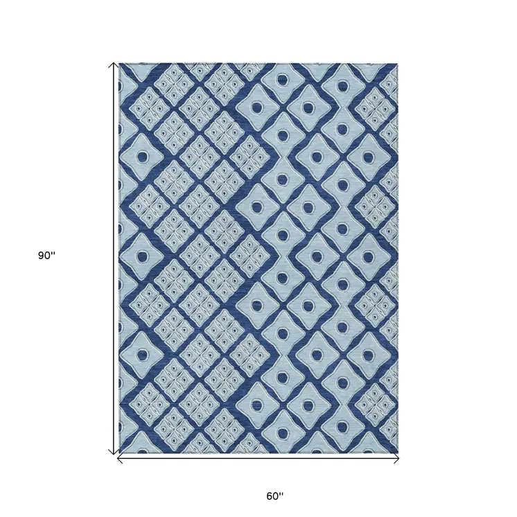 5' X 8' Navy Blue And Light Blue Geometric Washable Indoor Outdoor Area Rug