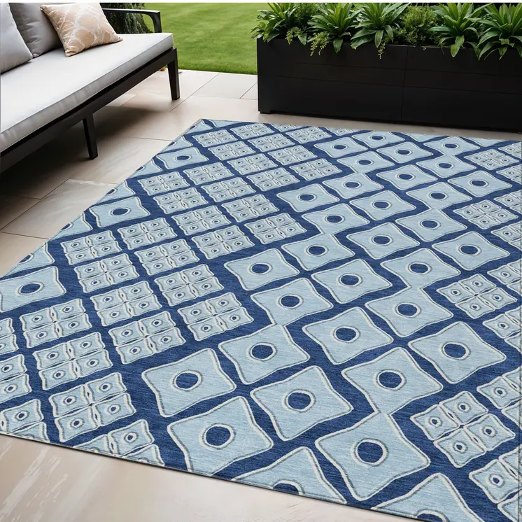 5' X 8' Navy Blue And Light Blue Geometric Washable Indoor Outdoor Area Rug