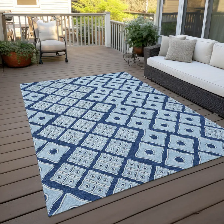 5' X 8' Navy Blue And Light Blue Geometric Washable Indoor Outdoor Area Rug