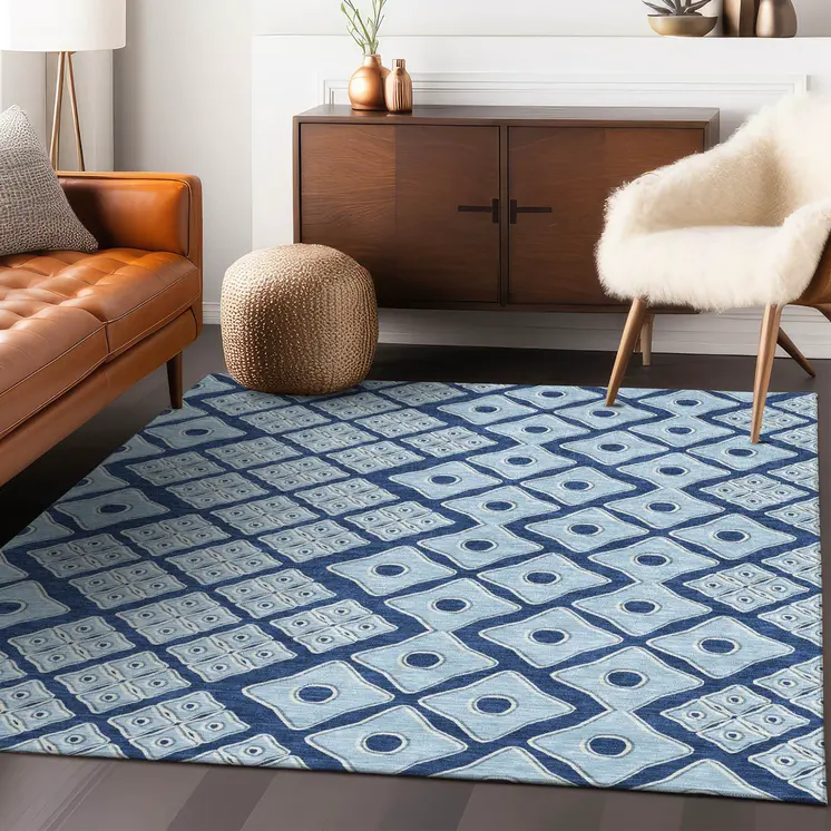 5' X 8' Navy Blue And Light Blue Geometric Washable Indoor Outdoor Area Rug