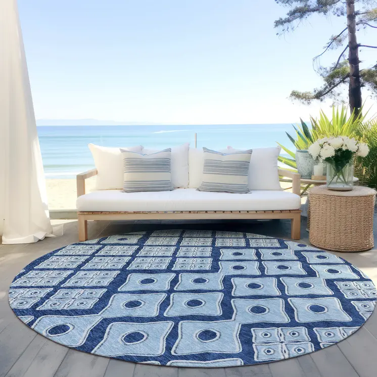 8' Navy Blue And Light Blue Round Geometric Washable Indoor Outdoor Area Rug