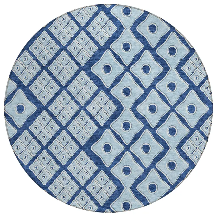 8' Navy Blue And Light Blue Round Geometric Washable Indoor Outdoor Area Rug
