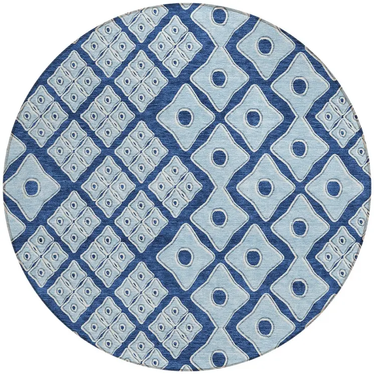 8' Navy Blue And Light Blue Round Geometric Washable Indoor Outdoor Area Rug
