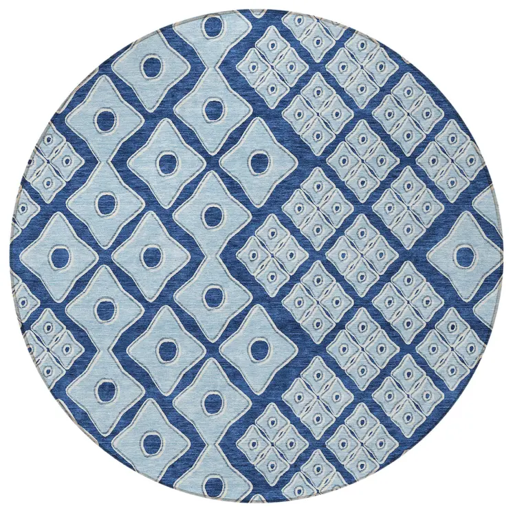 8' Navy Blue And Light Blue Round Geometric Washable Indoor Outdoor Area Rug