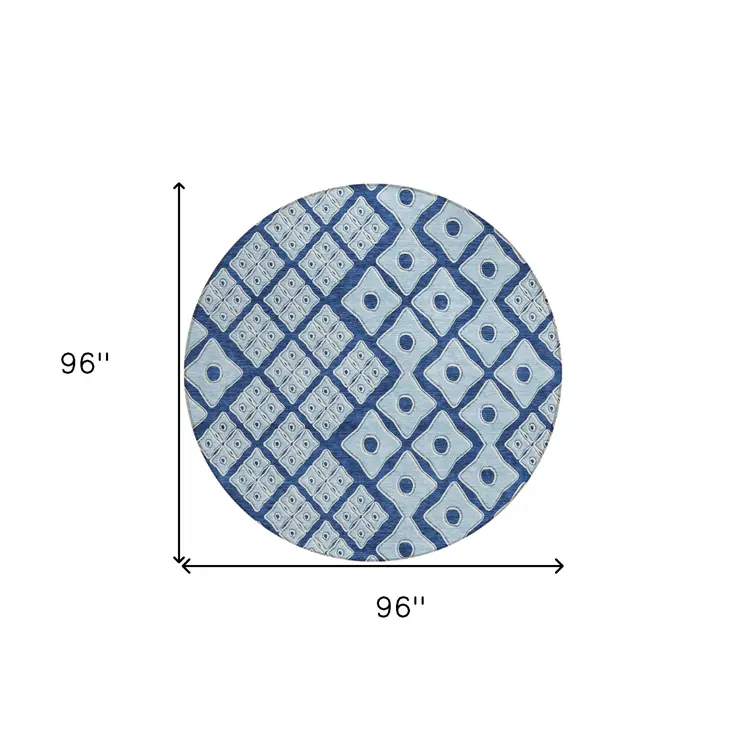 8' Navy Blue And Light Blue Round Geometric Washable Indoor Outdoor Area Rug