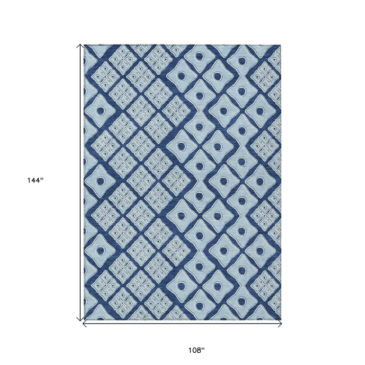 9' X 12' Navy Blue And Light Blue Geometric Washable Indoor Outdoor Area Rug