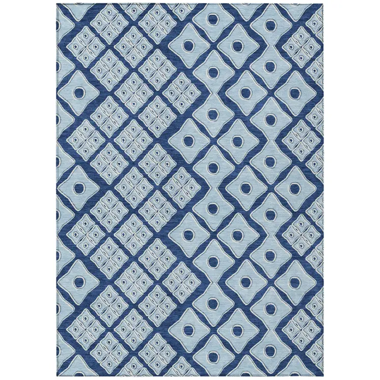 9' X 12' Navy Blue And Light Blue Geometric Washable Indoor Outdoor Area Rug