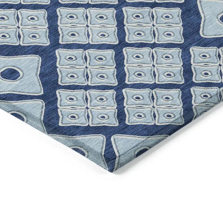 9' X 12' Navy Blue And Light Blue Geometric Washable Indoor Outdoor Area Rug
