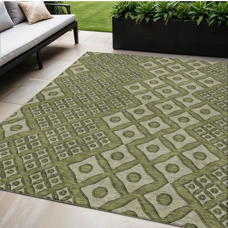 5' X 8' Olive Green And Gray Geometric Washable Indoor Outdoor Area Rug