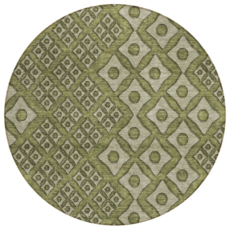 8' Olive Green And Gray Round Geometric Washable Indoor Outdoor Area Rug