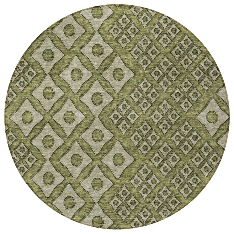 8' Olive Green And Gray Round Geometric Washable Indoor Outdoor Area Rug