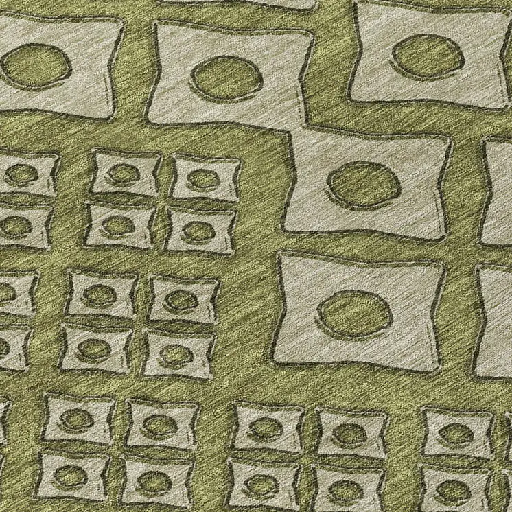 8' Olive Green And Gray Round Geometric Washable Indoor Outdoor Area Rug