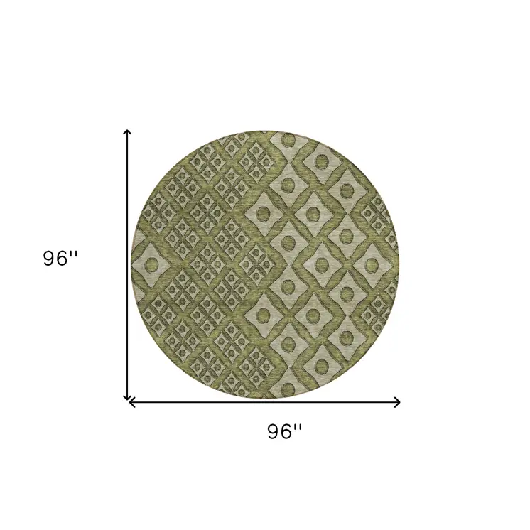 8' Olive Green And Gray Round Geometric Washable Indoor Outdoor Area Rug