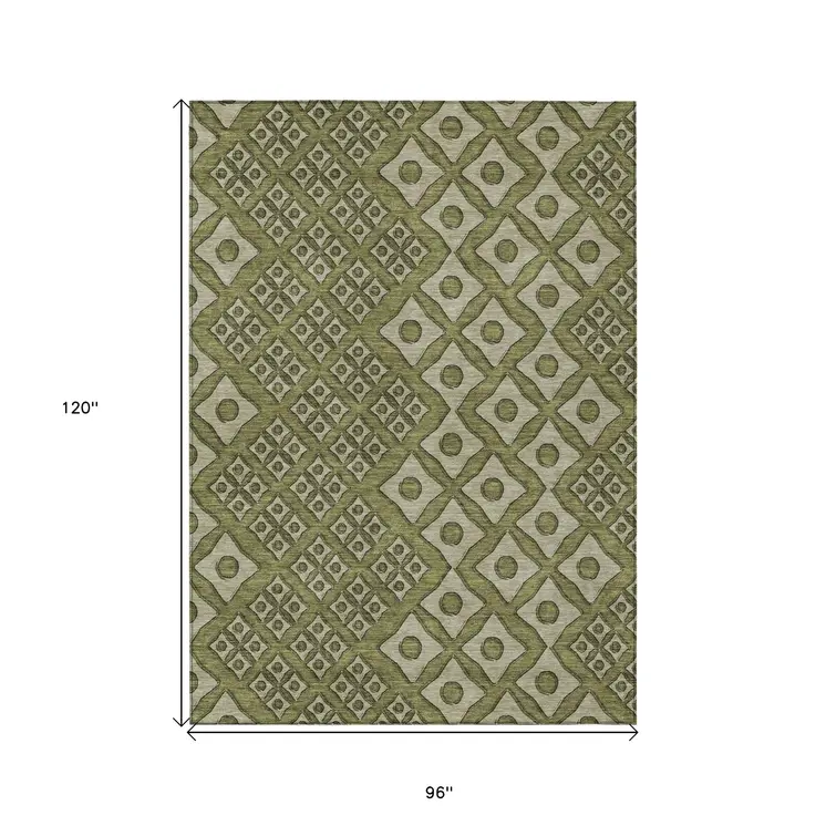 8' X 10' Olive Green And Gray Geometric Washable Indoor Outdoor Area Rug