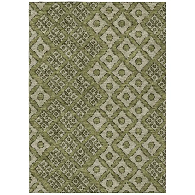 8' X 10' Olive Green And Gray Geometric Washable Indoor Outdoor Area Rug