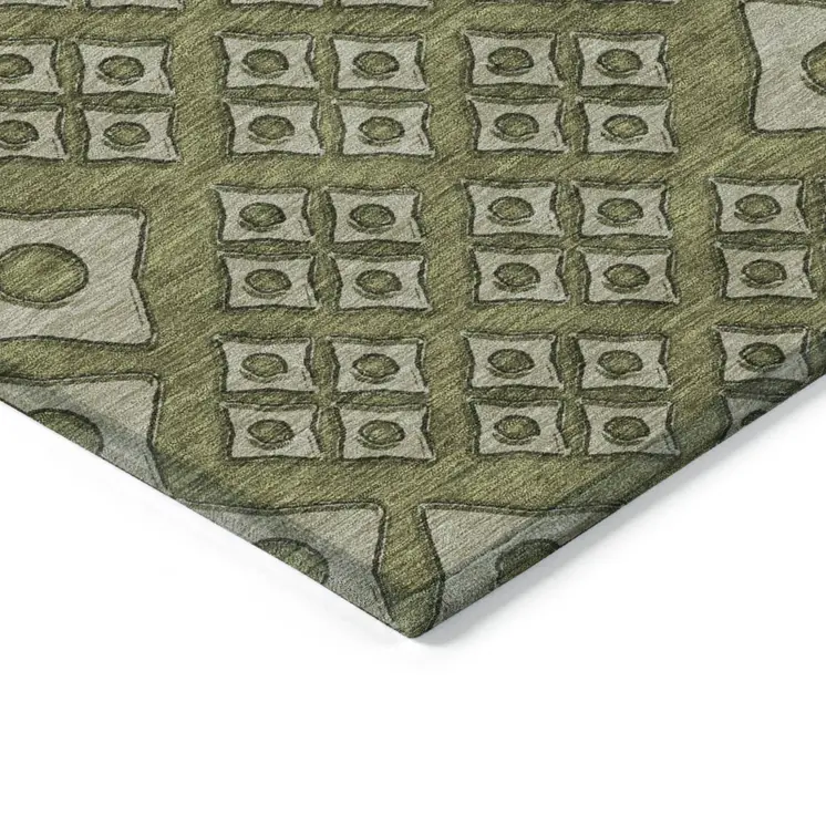 8' X 10' Olive Green And Gray Geometric Washable Indoor Outdoor Area Rug