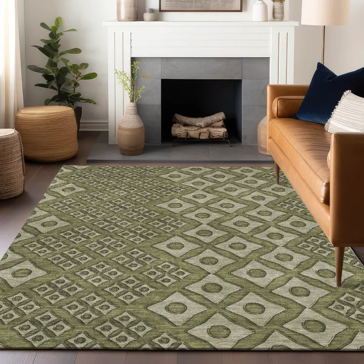 8' X 10' Olive Green And Gray Geometric Washable Indoor Outdoor Area Rug