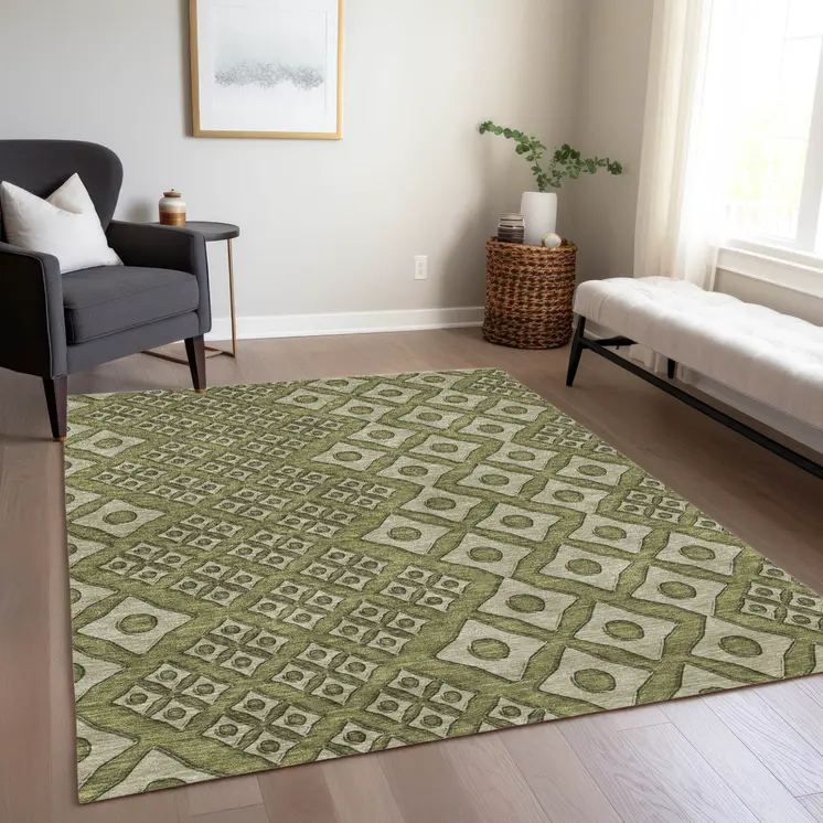 8' X 10' Olive Green And Gray Geometric Washable Indoor Outdoor Area Rug