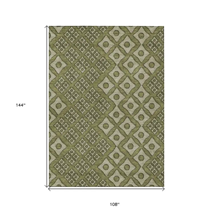 9' X 12' Olive Green And Gray Geometric Washable Indoor Outdoor Area Rug