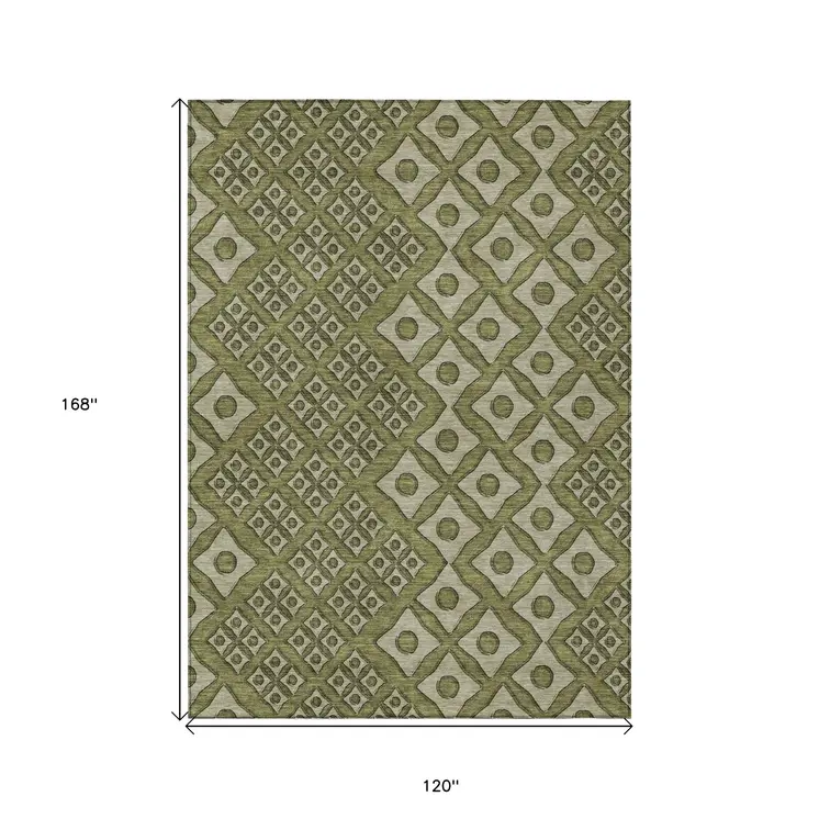 10' X 14' Olive Green And Gray Geometric Washable Indoor Outdoor Area Rug