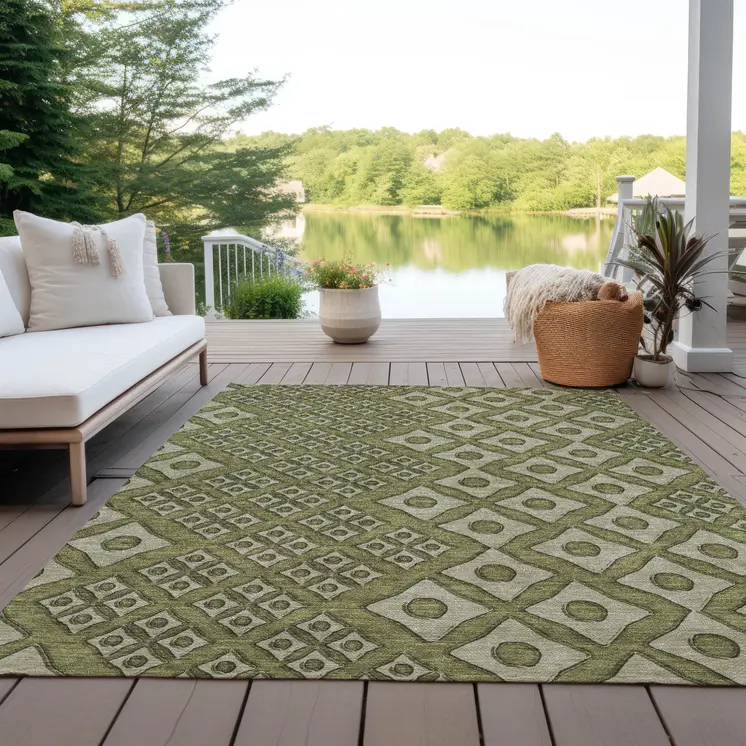 10' X 14' Olive Green And Gray Geometric Washable Indoor Outdoor Area Rug