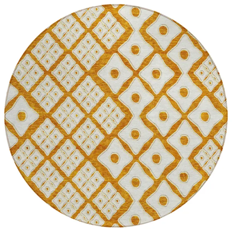 8' Orange And Ivory Round Geometric Washable Indoor Outdoor Area Rug