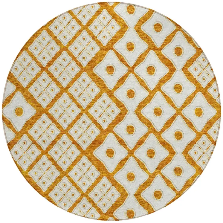 8' Orange And Ivory Round Geometric Washable Indoor Outdoor Area Rug