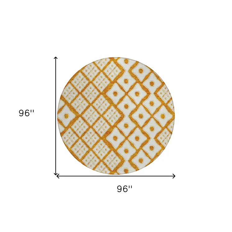 8' Orange And Ivory Round Geometric Washable Indoor Outdoor Area Rug