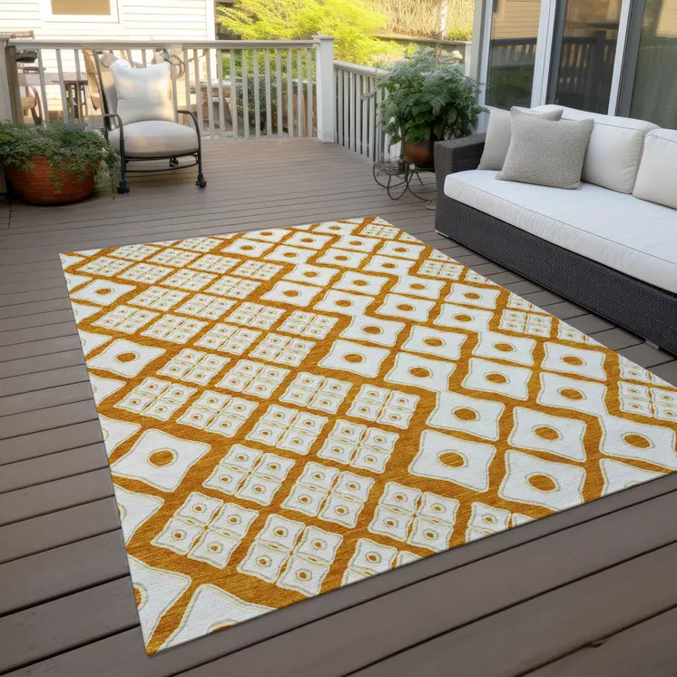 9' X 12' Orange And Ivory Geometric Washable Indoor Outdoor Area Rug
