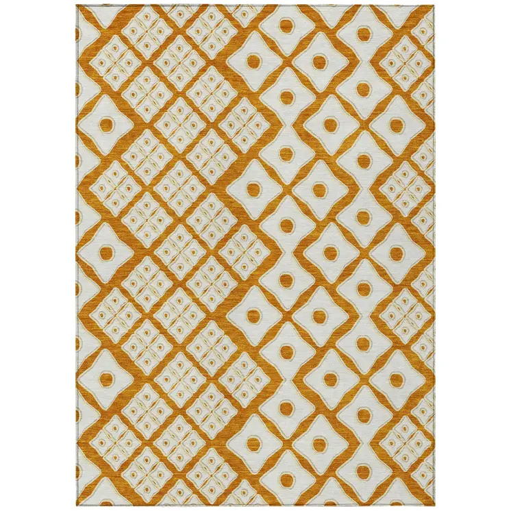9' X 12' Orange And Ivory Geometric Washable Indoor Outdoor Area Rug