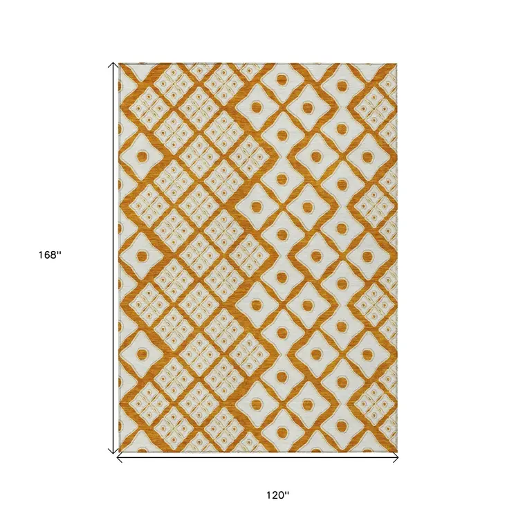 10' X 14' Orange And Ivory Geometric Washable Indoor Outdoor Area Rug