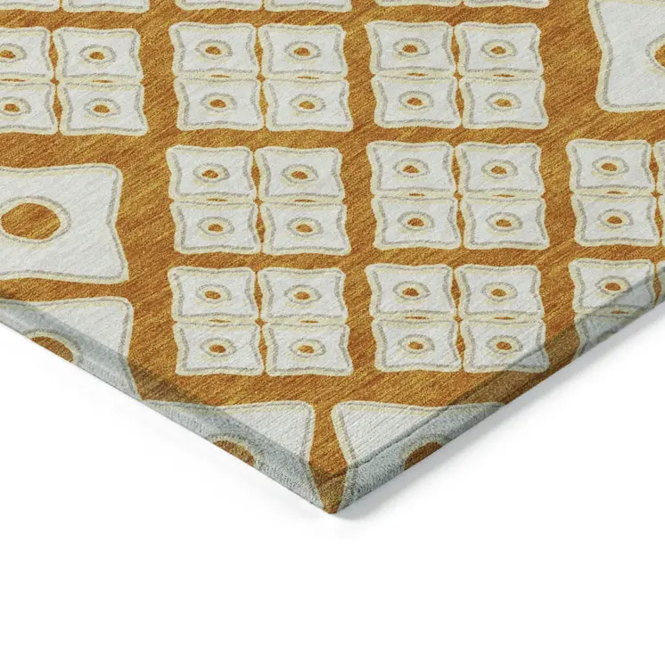 10' X 14' Orange And Ivory Geometric Washable Indoor Outdoor Area Rug