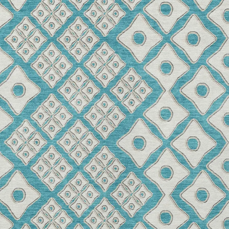 3' X 5' Teal Blue And Ivory Geometric Washable Indoor Outdoor Area Rug