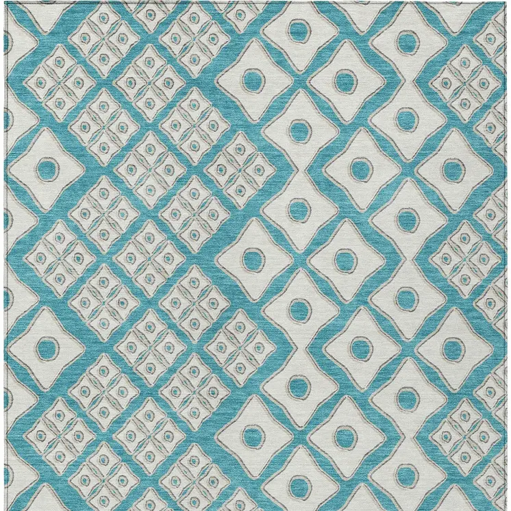 5' X 8' Teal Blue And Ivory Geometric Washable Indoor Outdoor Area Rug
