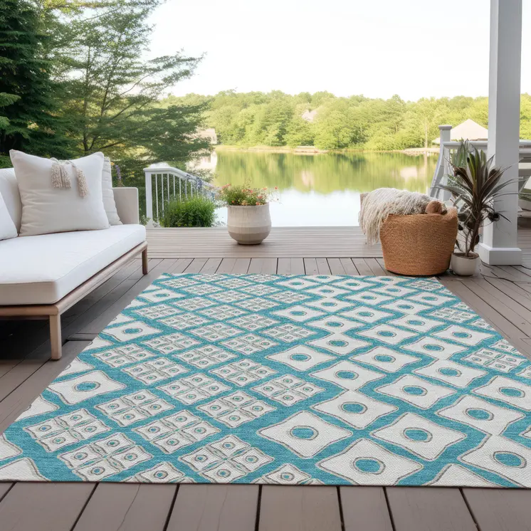 5' X 8' Teal Blue And Ivory Geometric Washable Indoor Outdoor Area Rug