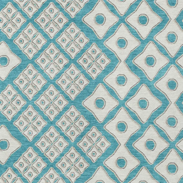 5' X 8' Teal Blue And Ivory Geometric Washable Indoor Outdoor Area Rug