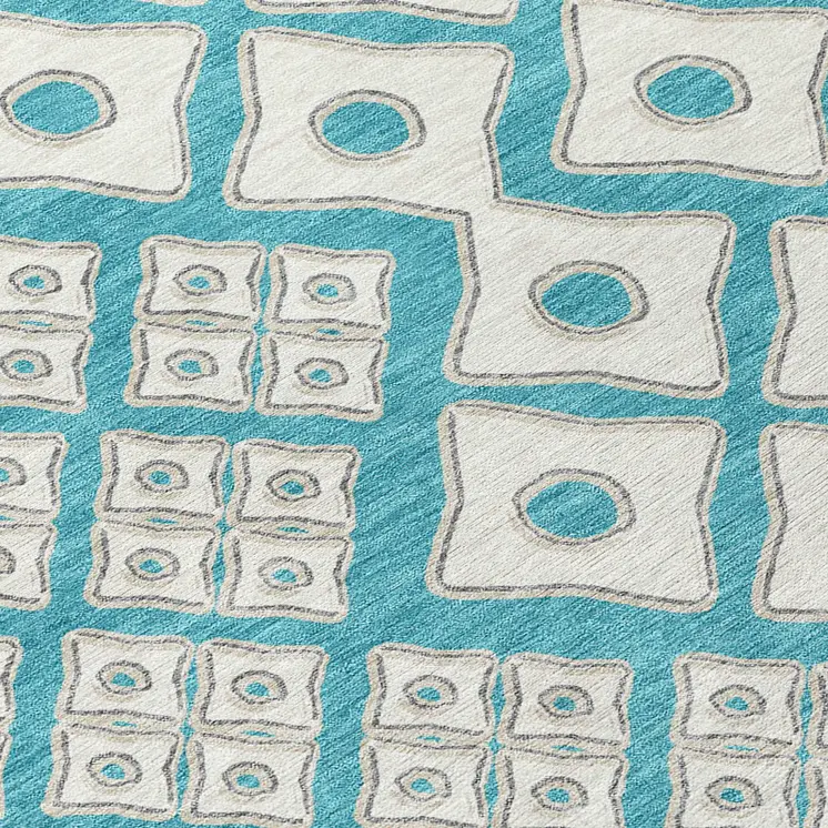5' X 8' Teal Blue And Ivory Geometric Washable Indoor Outdoor Area Rug