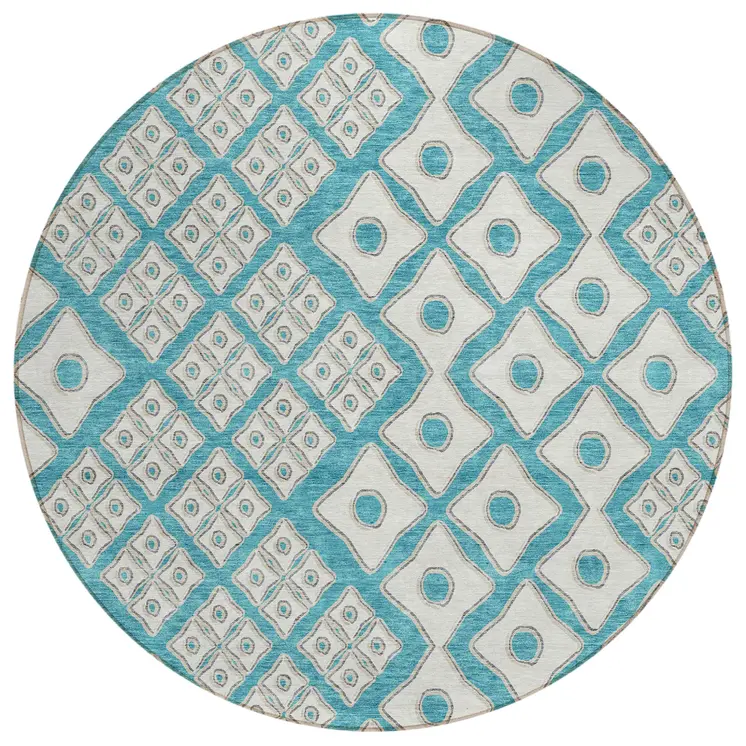8' Teal Blue And Ivory Round Geometric Washable Indoor Outdoor Area Rug