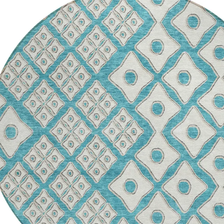 8' Teal Blue And Ivory Round Geometric Washable Indoor Outdoor Area Rug