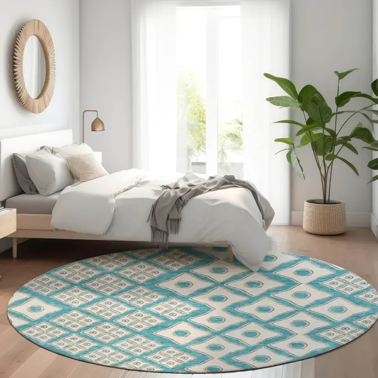 8' Teal Blue And Ivory Round Geometric Washable Indoor Outdoor Area Rug
