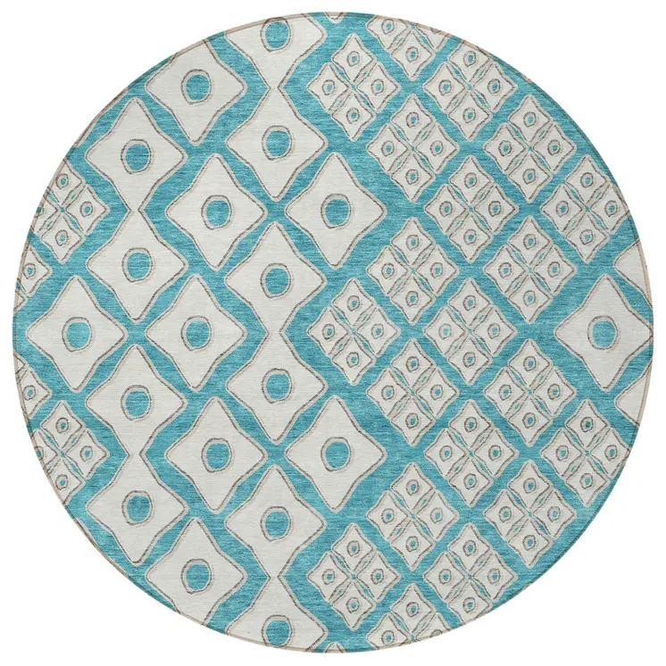 8' Teal Blue And Ivory Round Geometric Washable Indoor Outdoor Area Rug