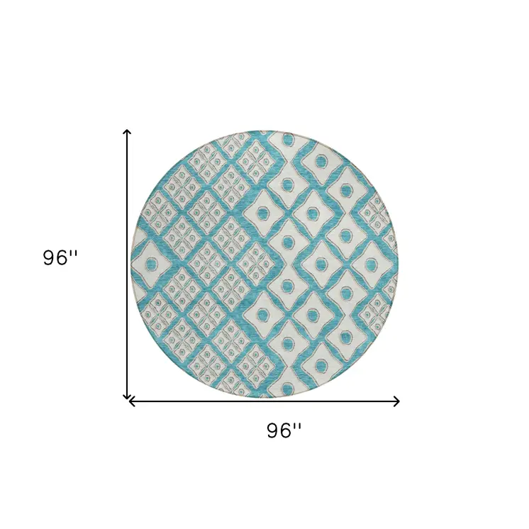 8' Teal Blue And Ivory Round Geometric Washable Indoor Outdoor Area Rug