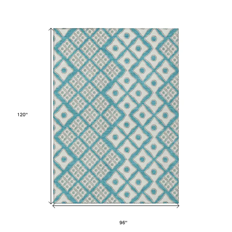8' X 10' Teal Blue And Ivory Geometric Washable Indoor Outdoor Area Rug