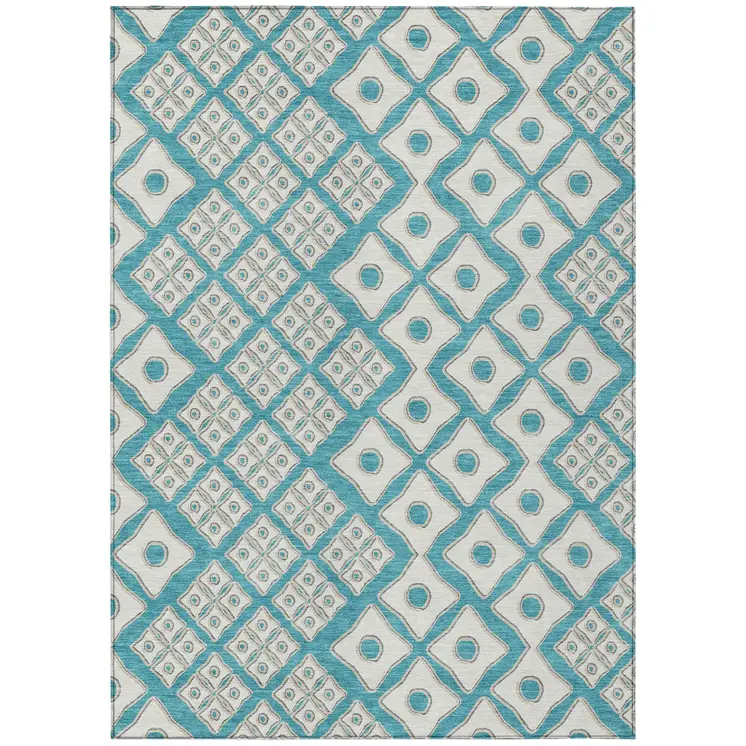 9' X 12' Teal Blue And Ivory Geometric Washable Indoor Outdoor Area Rug