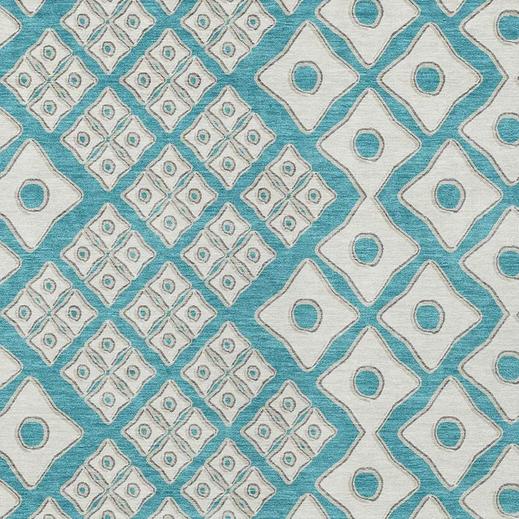 9' X 12' Teal Blue And Ivory Geometric Washable Indoor Outdoor Area Rug