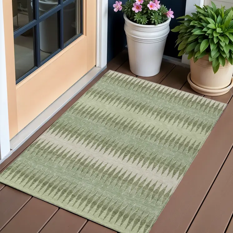 3' X 5' Artichoke Green And Light Green Striped Washable Indoor Outdoor Area Rug